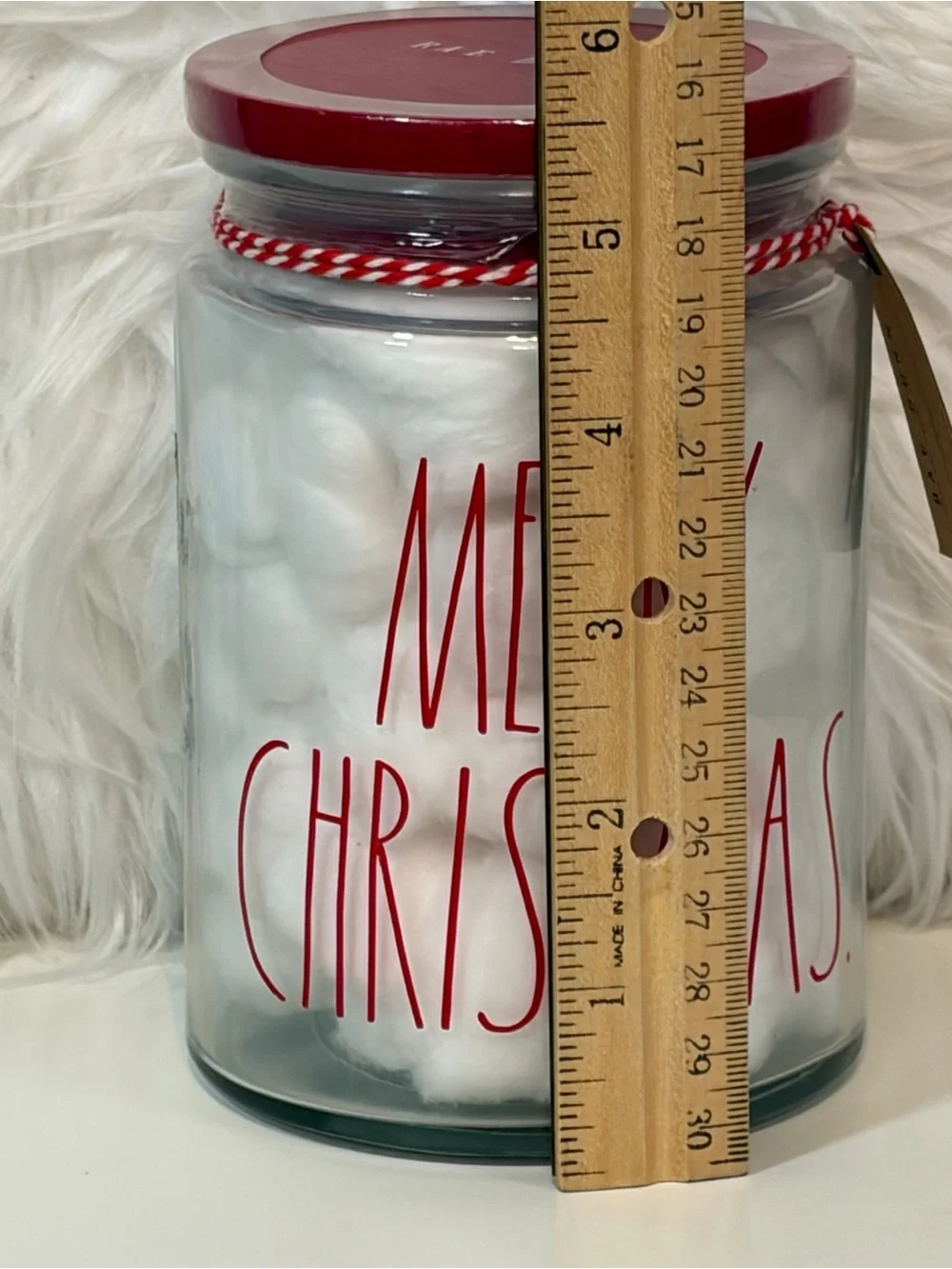 Rae Dunn NWT Merry Christmas Glass Jar with Cotton Balls Festive Holiday Decor